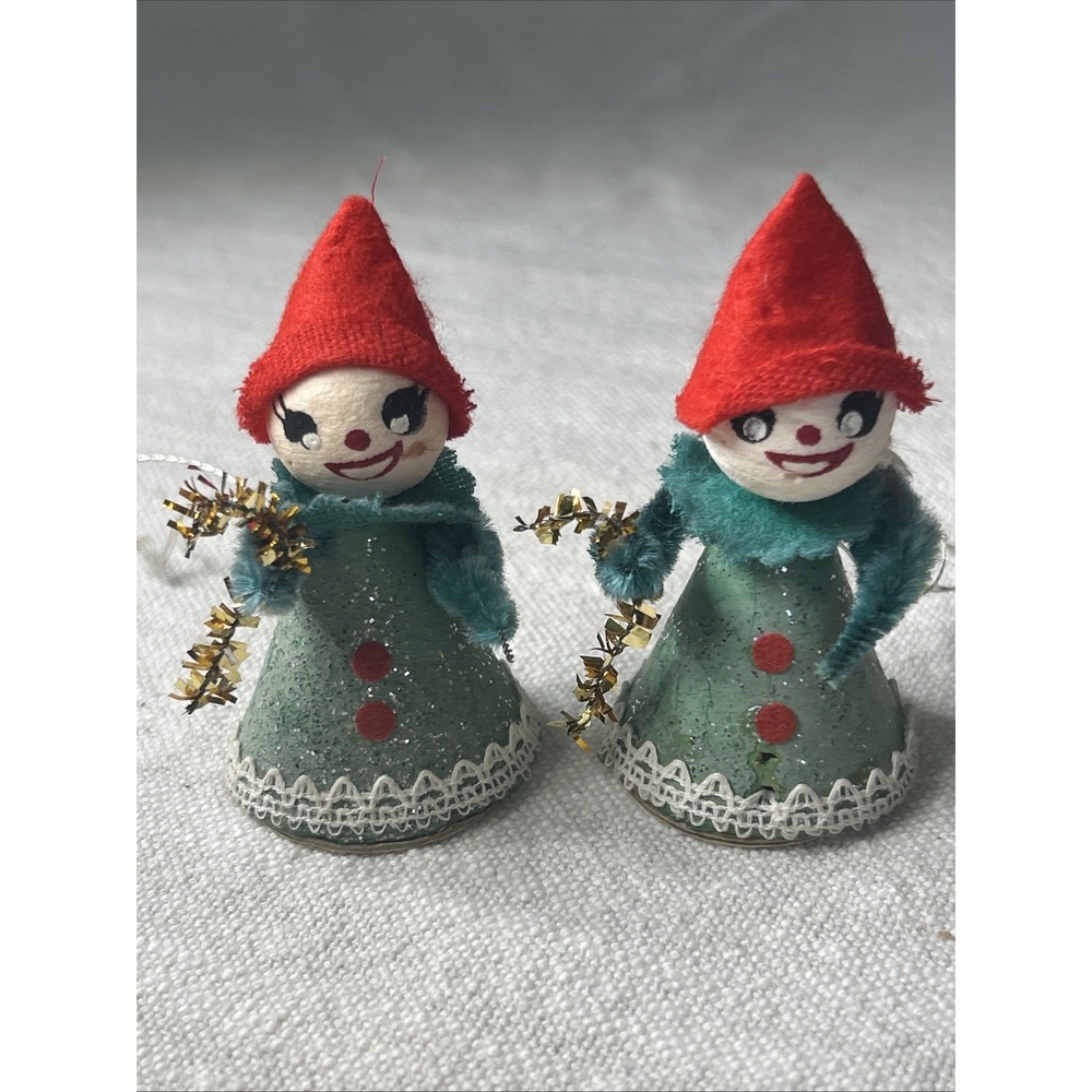 2 Vintage Cardboard Chenille Christmas Pixie Gnome Elves Ornaments Japan Kitsch